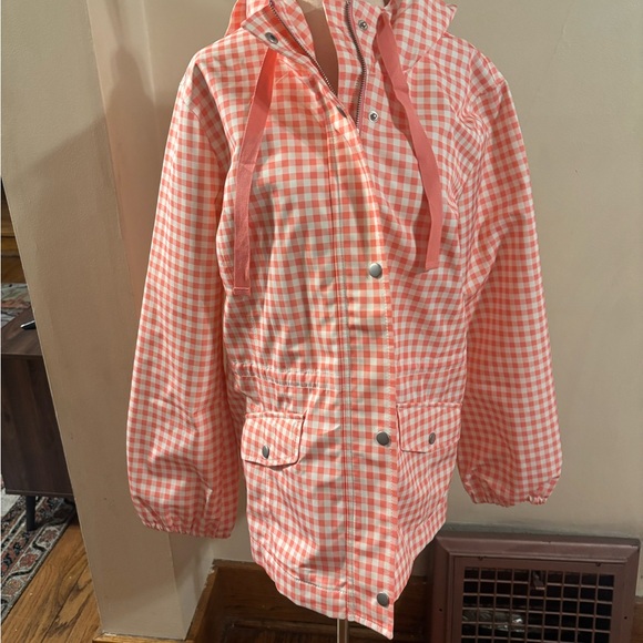 Talbots Pink Gingham Hooded Rain Jacket Women's Size L Lightweight Snap Front - Picture 3 of 6